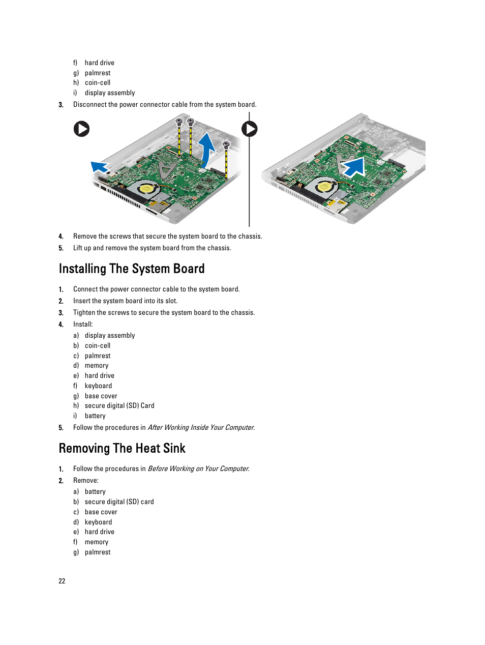 Installing the system board, Removing the heat sink | Dell Latitude 3330 (Early 2013) User Manual | Page 22 / 53