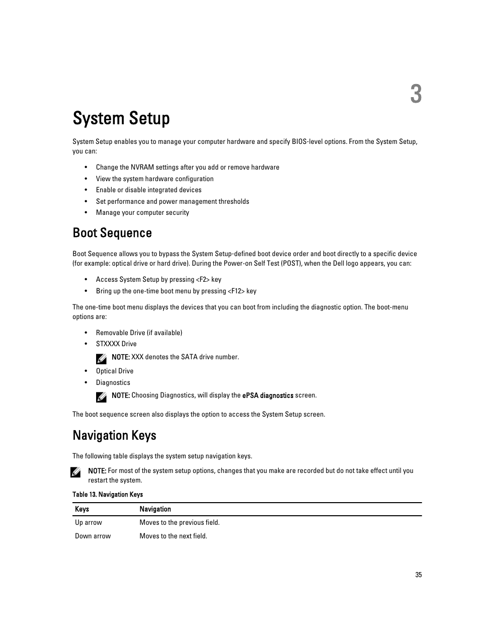 System setup, Boot sequence, Navigation keys | 3 system setup | Dell Latitude 3330 (Early 2013) User Manual | Page 35 / 53