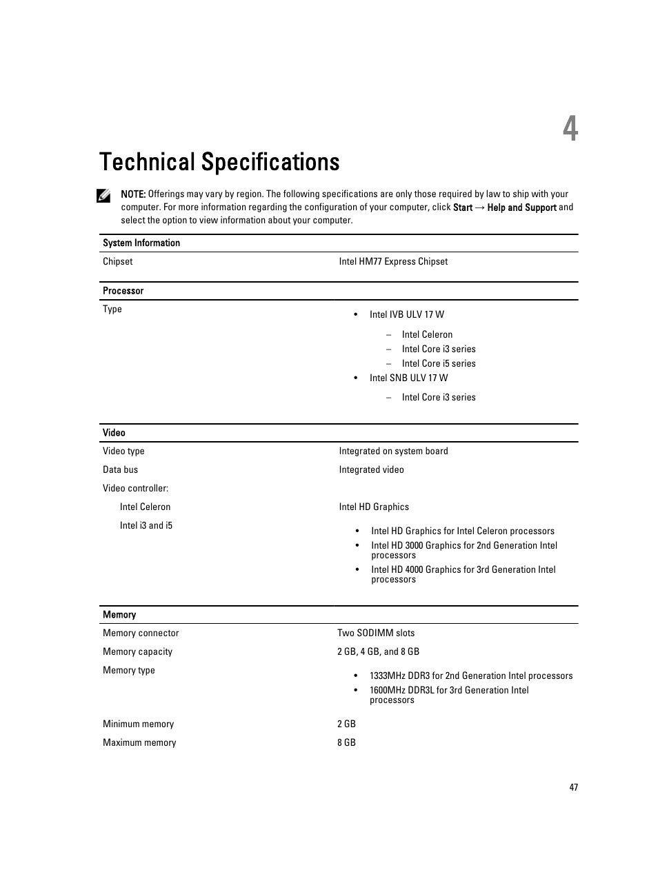 Technical specifications, 4 technical specifications | Dell Latitude 3330 (Early 2013) User Manual | Page 47 / 53