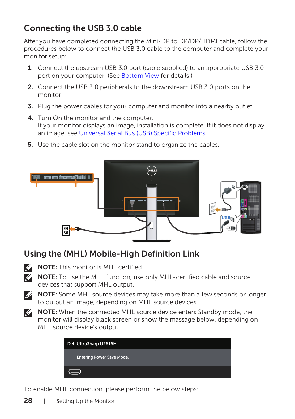 Connecting the usb 3.0 cable, Using the (mhl) mobile-high definition link | Dell UltraSharp 25 Monitor User Manual | Page 28 / 63