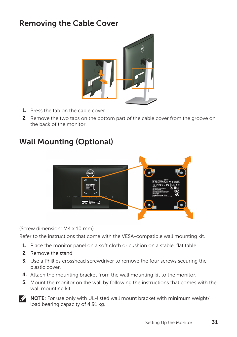 Removing the cable cover, Wall mounting (optional), Removing the cable cover wall mounting (optional) | Dell UltraSharp 25 Monitor User Manual | Page 31 / 63