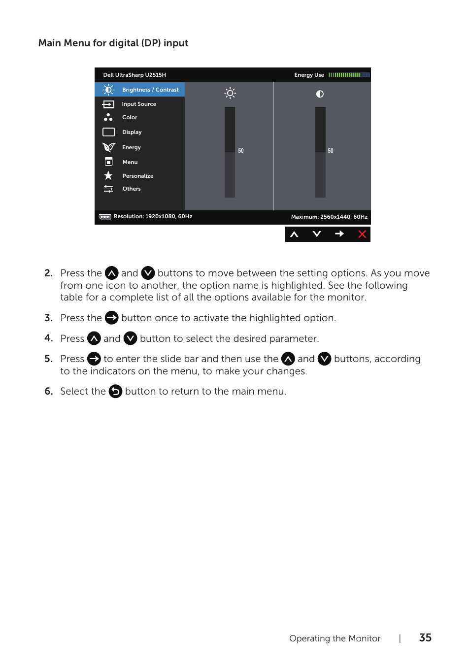 Main menu for digital (dp) input | Dell UltraSharp 25 Monitor User Manual | Page 35 / 63