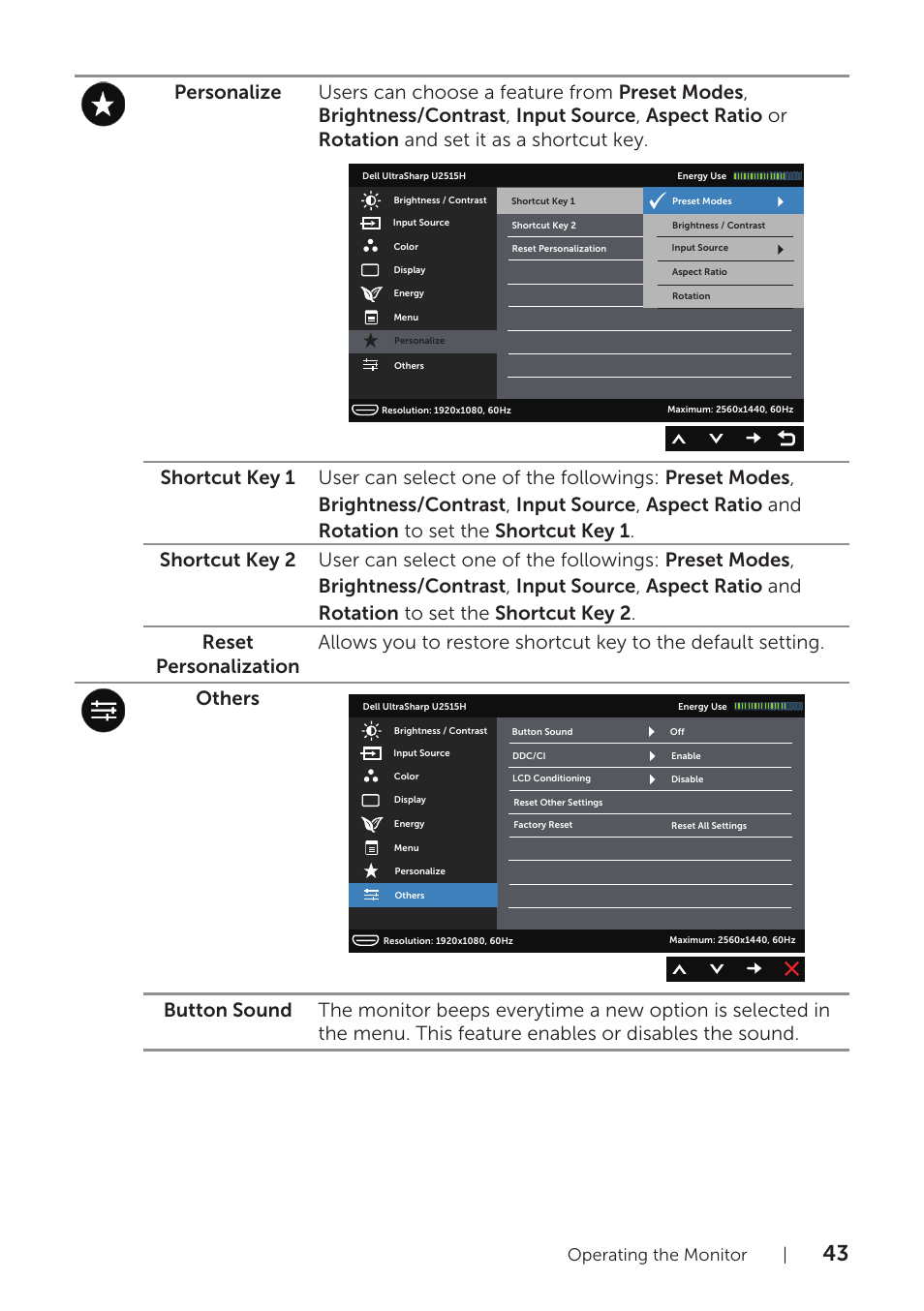 Operating the monitor | Dell UltraSharp 25 Monitor User Manual | Page 43 / 63