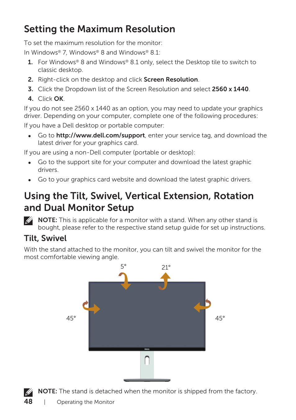 Setting the maximum resolution, Tilt, swivel | Dell UltraSharp 25 Monitor User Manual | Page 48 / 63