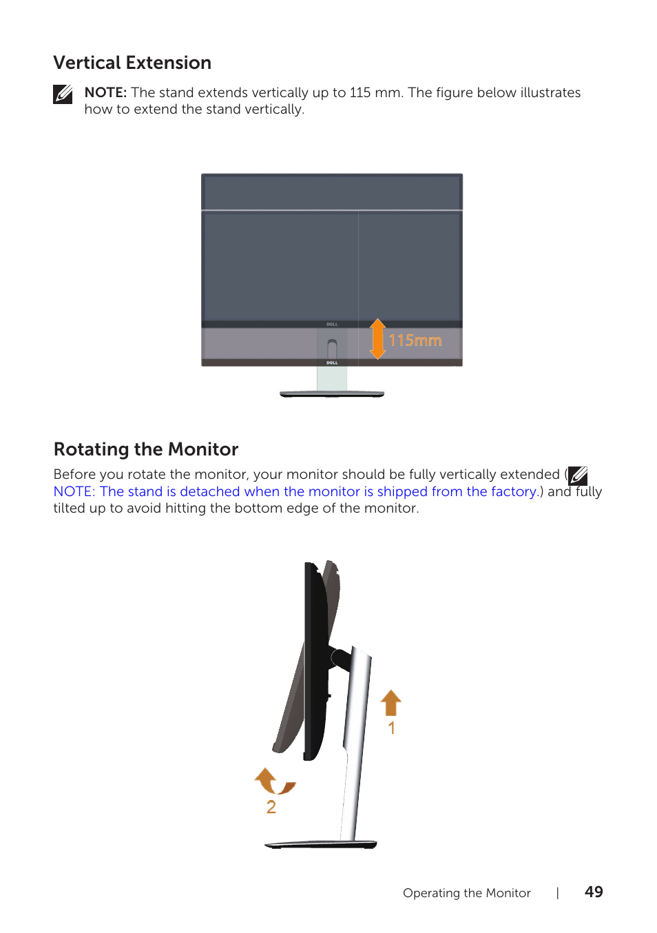 Vertical extension, Rotating the monitor | Dell UltraSharp 25 Monitor User Manual | Page 49 / 63