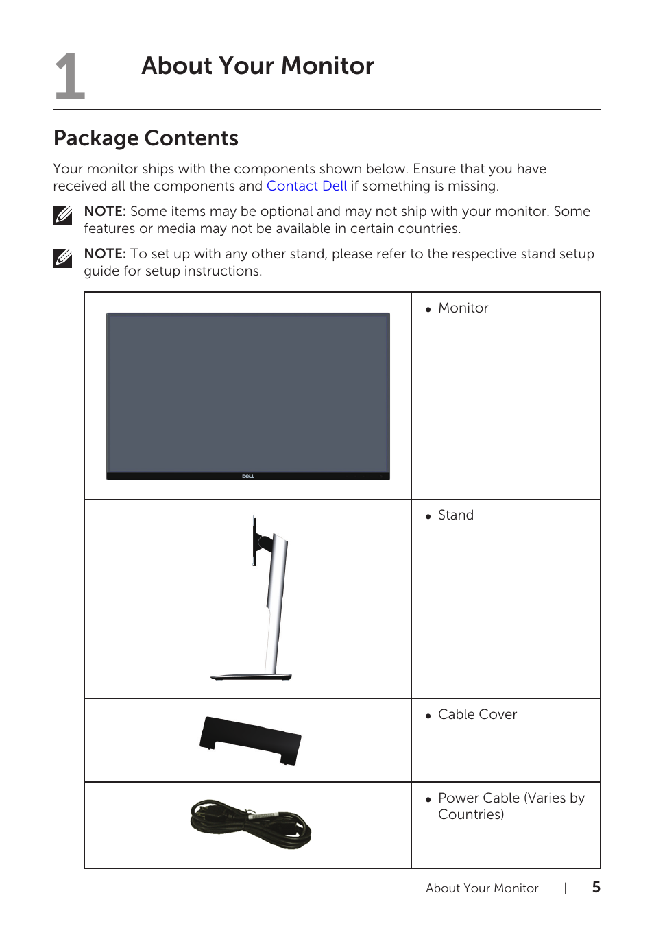 1 about your monitor, Package contents, About your monitor | Dell UltraSharp 25 Monitor User Manual | Page 5 / 63