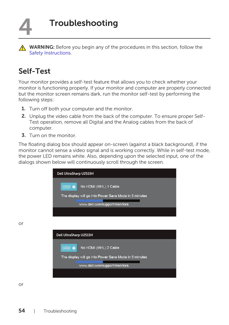 4 troubleshooting, Self-test, Troubleshooting | Dell UltraSharp 25 Monitor User Manual | Page 54 / 63