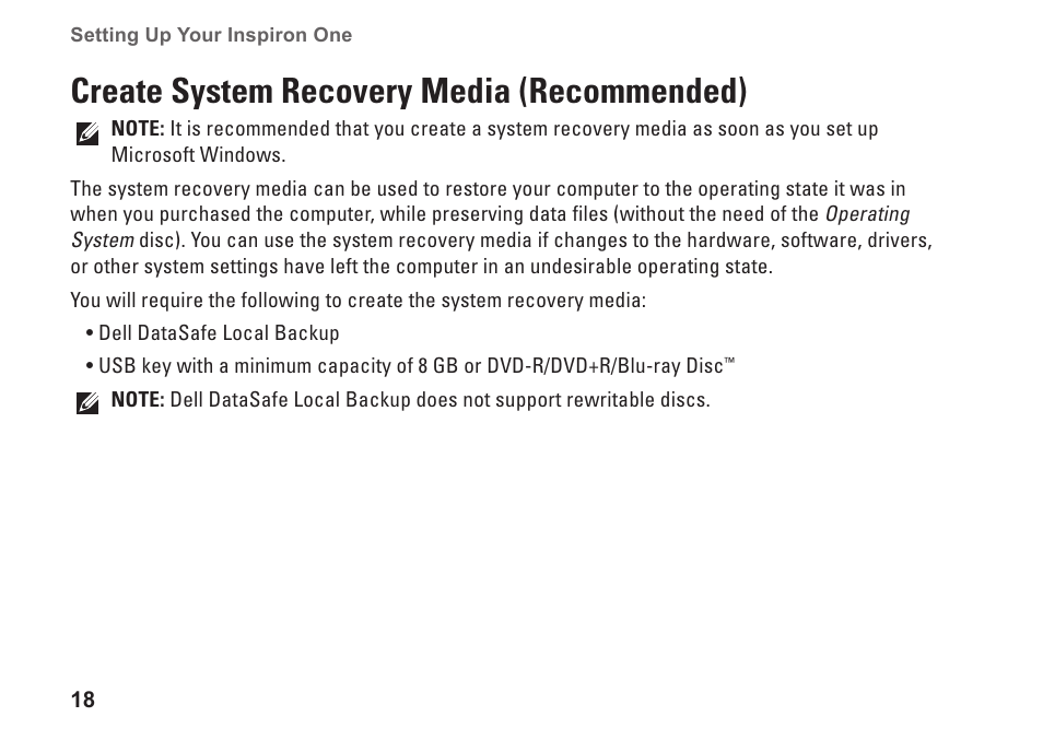 Create system recovery media (recommended), Create system recovery media, Recommended) | Dell Inspiron One 2205 (Mid 2010) User Manual | Page 20 / 86