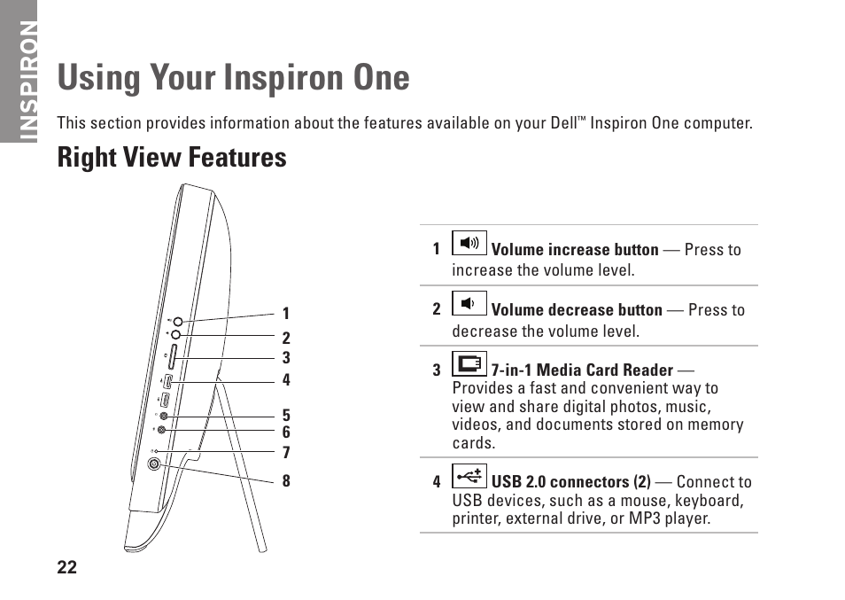 Using your inspiron one, Right view features, Inspiron | Dell Inspiron One 2205 (Mid 2010) User Manual | Page 24 / 86