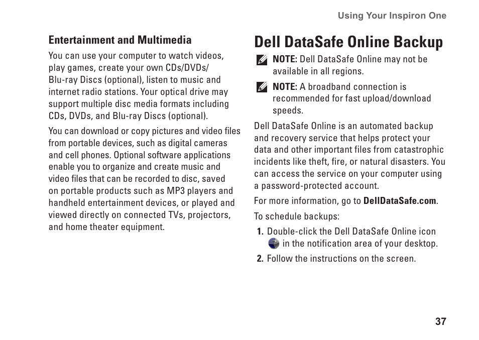 Dell datasafe online backup | Dell Inspiron One 2205 (Mid 2010) User Manual | Page 39 / 86