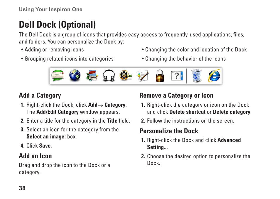 Dell dock (optional) | Dell Inspiron One 2205 (Mid 2010) User Manual | Page 40 / 86