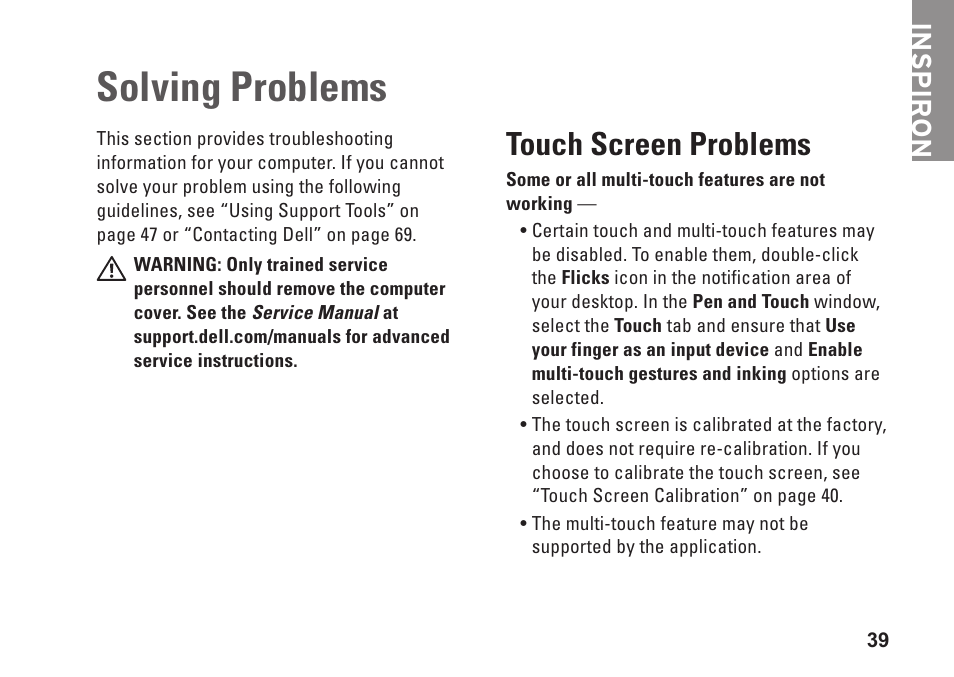 Solving problems, Touch screen problems, Inspiron | Dell Inspiron One 2205 (Mid 2010) User Manual | Page 41 / 86