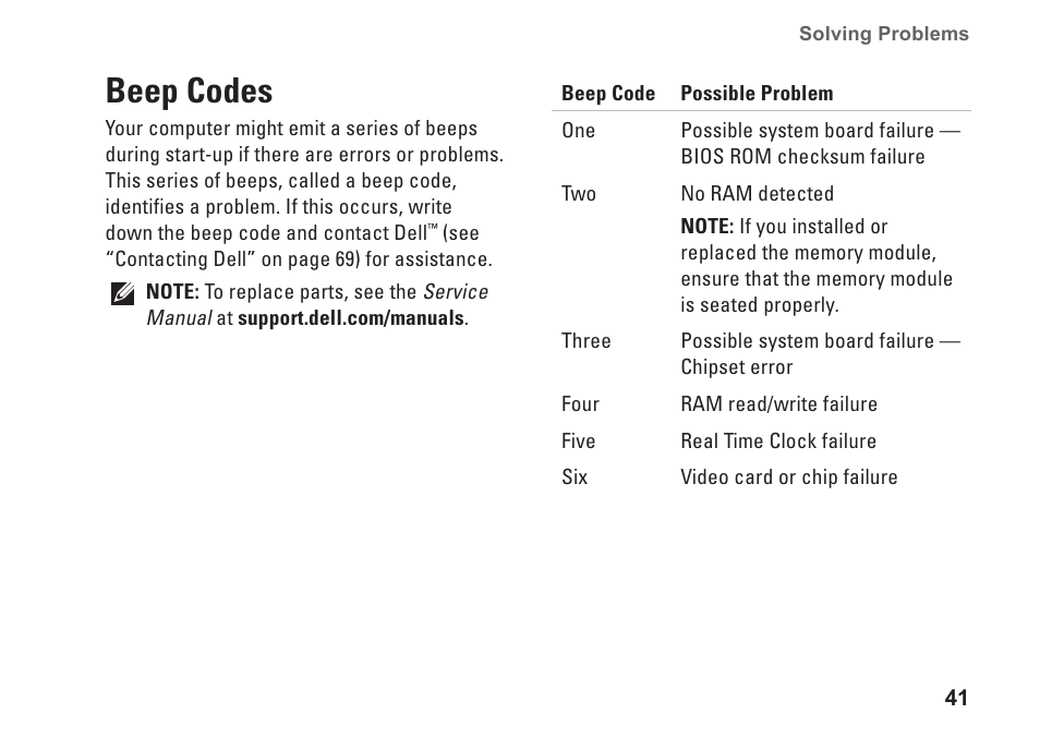 Beep codes | Dell Inspiron One 2205 (Mid 2010) User Manual | Page 43 / 86