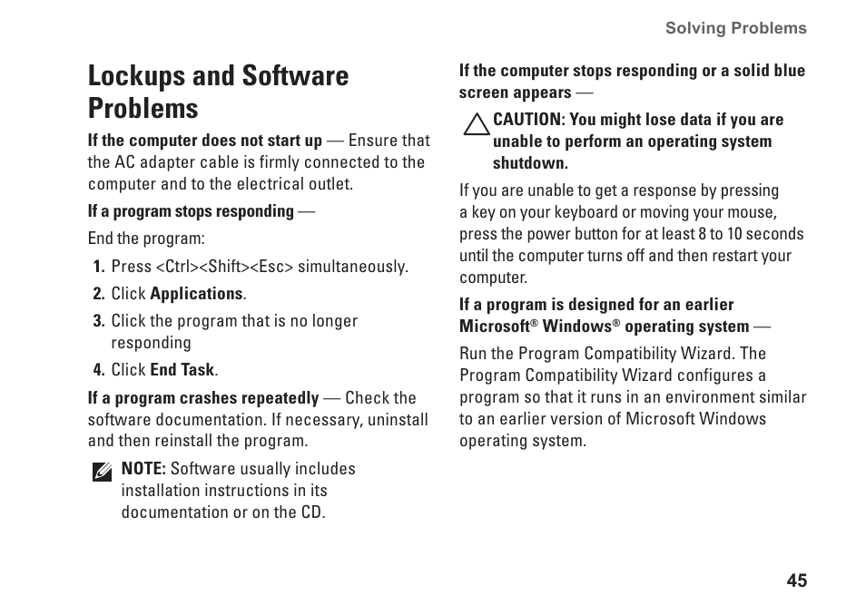 Lockups and software problems | Dell Inspiron One 2205 (Mid 2010) User Manual | Page 47 / 86