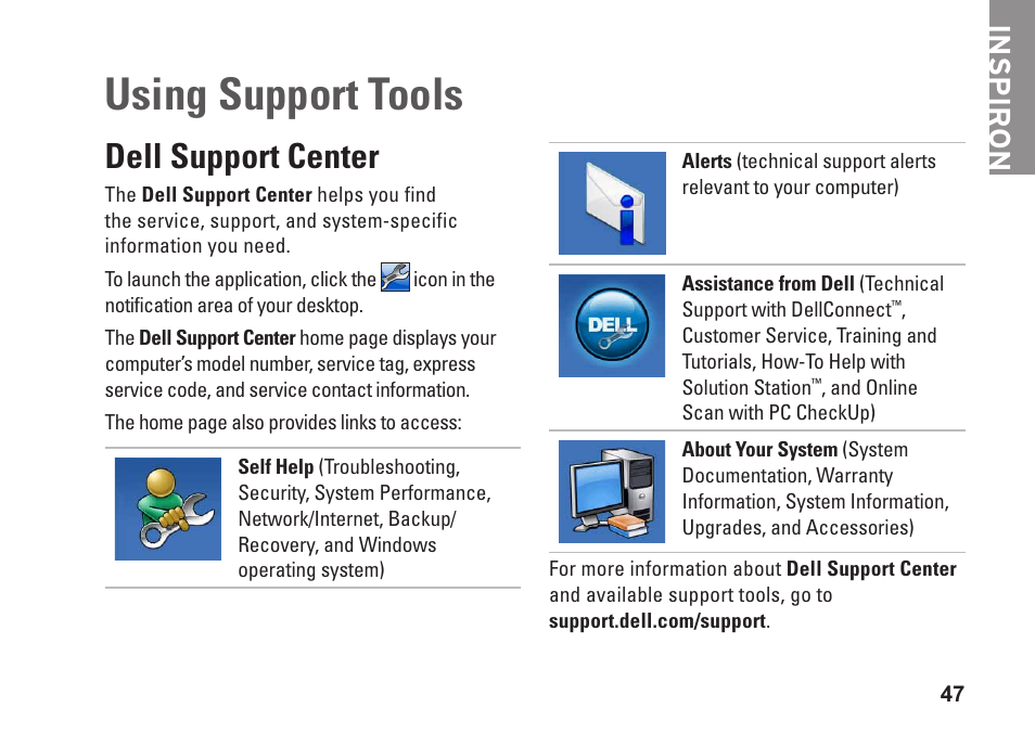 Using support tools, Dell support center, Inspiron | Dell Inspiron One 2205 (Mid 2010) User Manual | Page 49 / 86