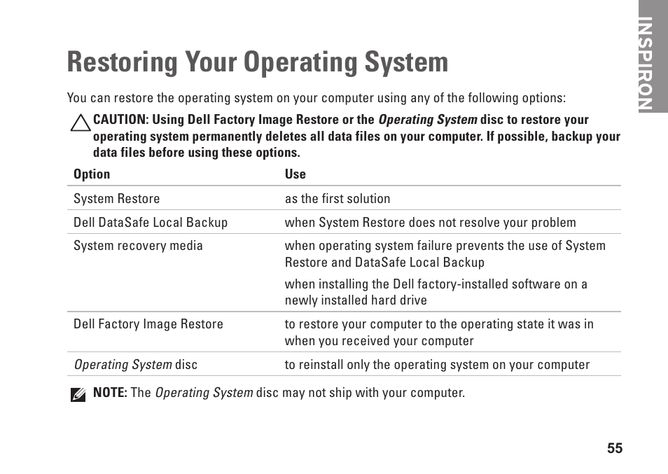 Restoring your operating system, Inspiron | Dell Inspiron One 2205 (Mid 2010) User Manual | Page 57 / 86