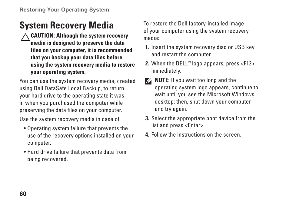 System recovery media | Dell Inspiron One 2205 (Mid 2010) User Manual | Page 62 / 86