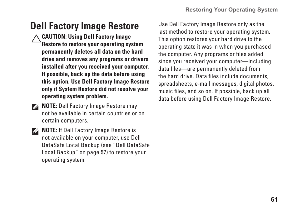 Dell factory image restore | Dell Inspiron One 2205 (Mid 2010) User Manual | Page 63 / 86