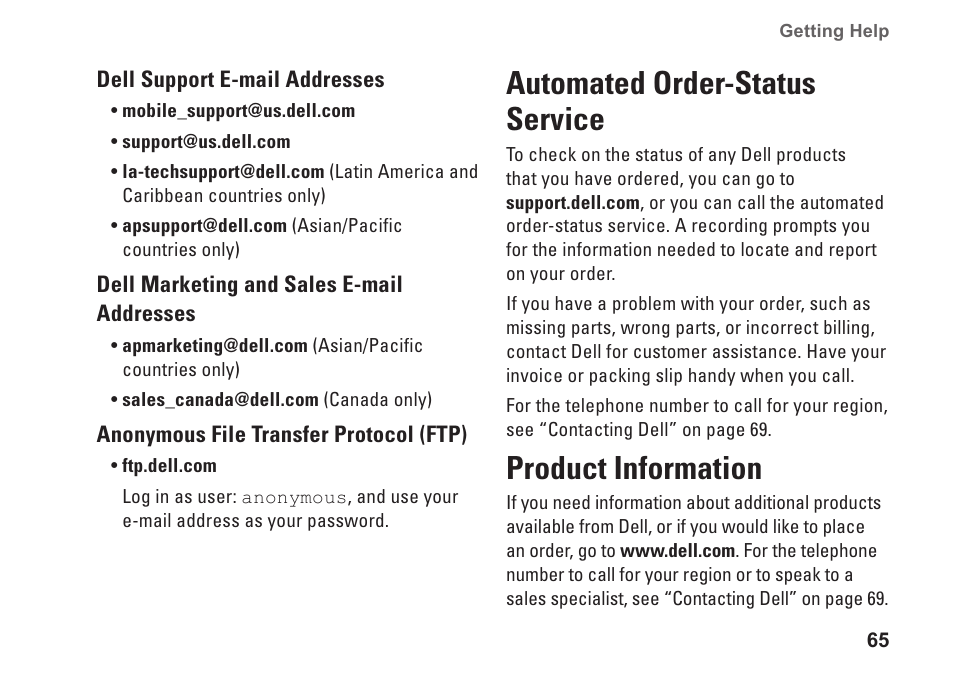 Automated order-status service, Product information, Automated order-status service product information | Dell Inspiron One 2205 (Mid 2010) User Manual | Page 67 / 86