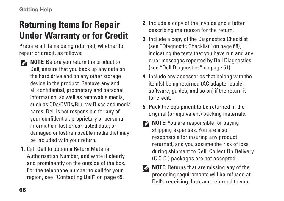 Returning items for repair under, Warranty or for credit | Dell Inspiron One 2205 (Mid 2010) User Manual | Page 68 / 86
