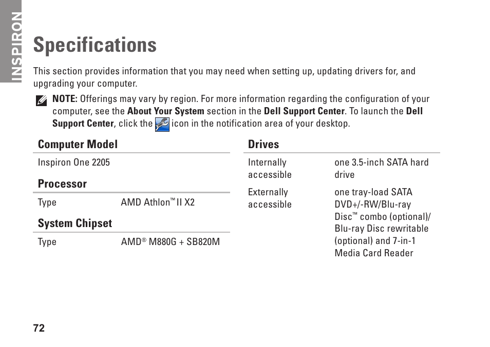 Specifications, Inspiron | Dell Inspiron One 2205 (Mid 2010) User Manual | Page 74 / 86