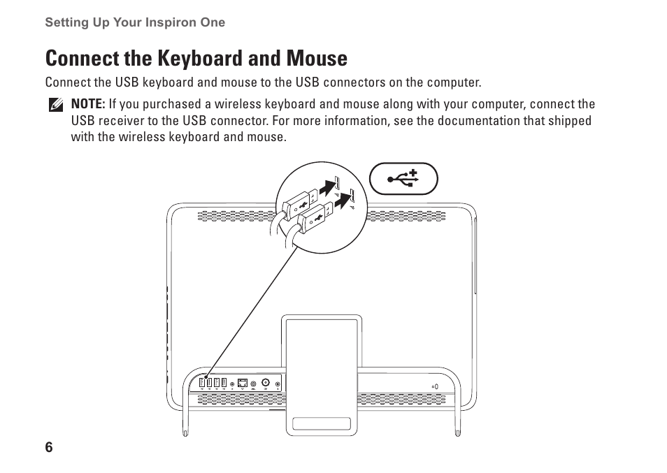 Connect the keyboard and mouse | Dell Inspiron One 2205 (Mid 2010) User Manual | Page 8 / 86