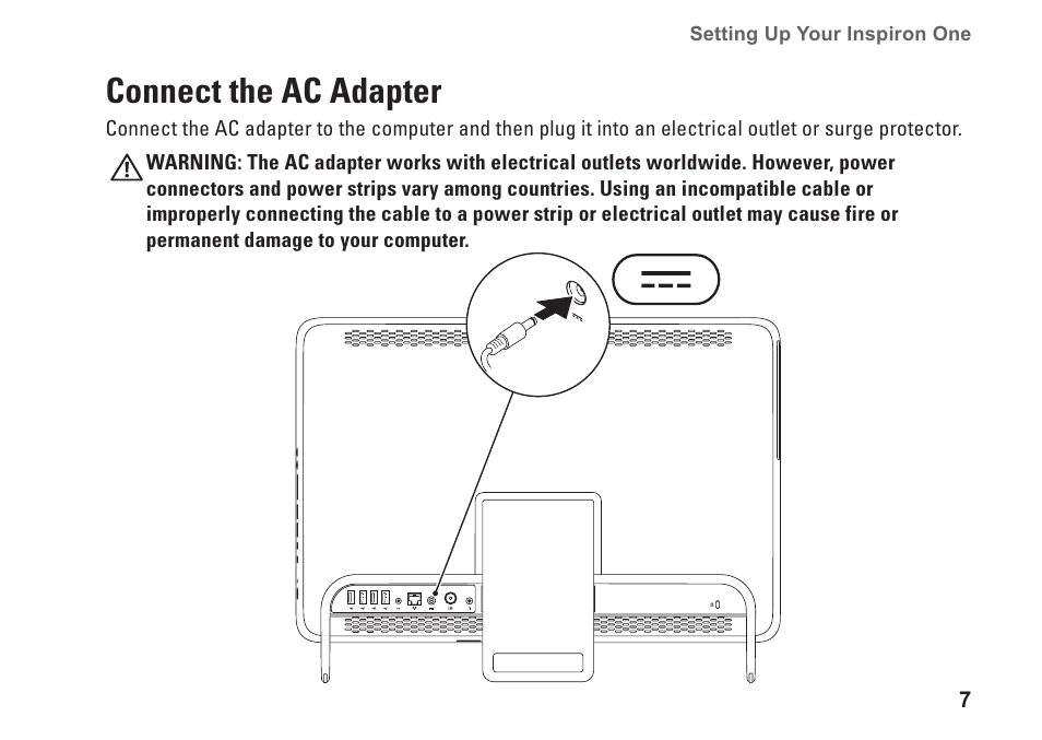 Connect the ac adapter | Dell Inspiron One 2205 (Mid 2010) User Manual | Page 9 / 86
