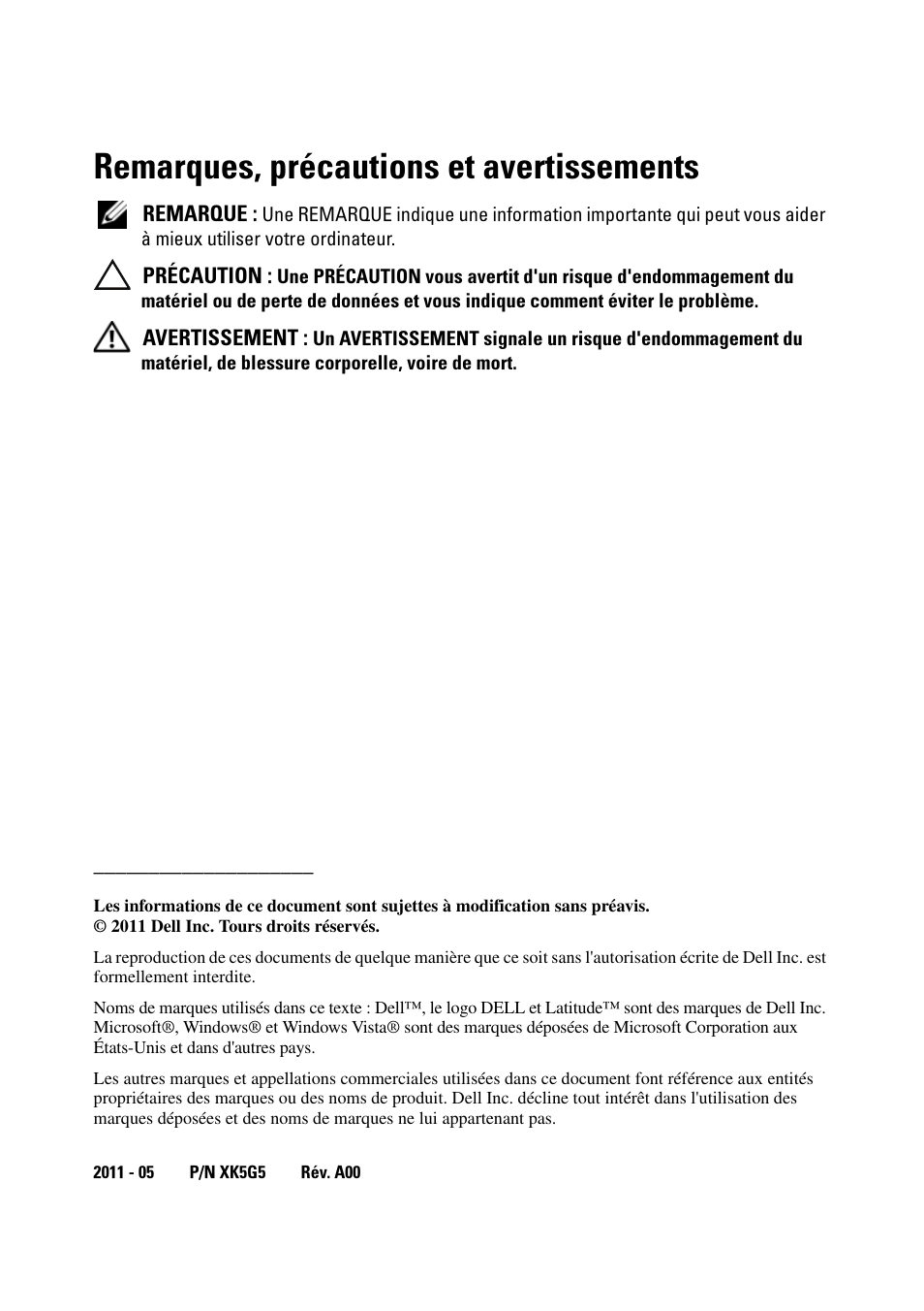 Remarques, précautions et avertissements | Dell Latitude XT3 (Mid 2011) User Manual | Page 12 / 36