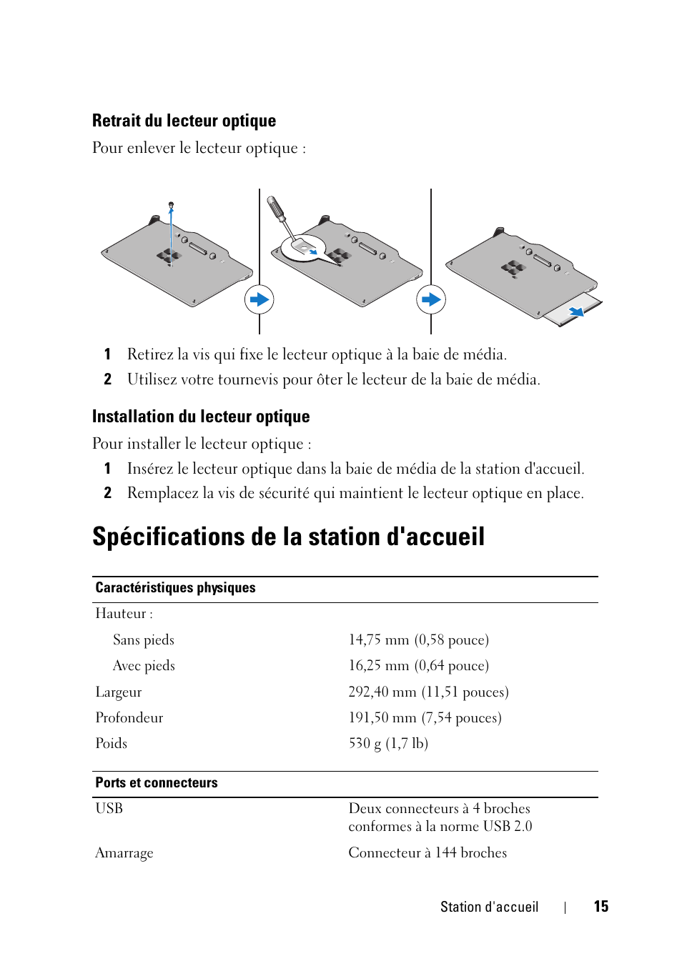 Spécifications de la station d'accueil | Dell Latitude XT3 (Mid 2011) User Manual | Page 17 / 36