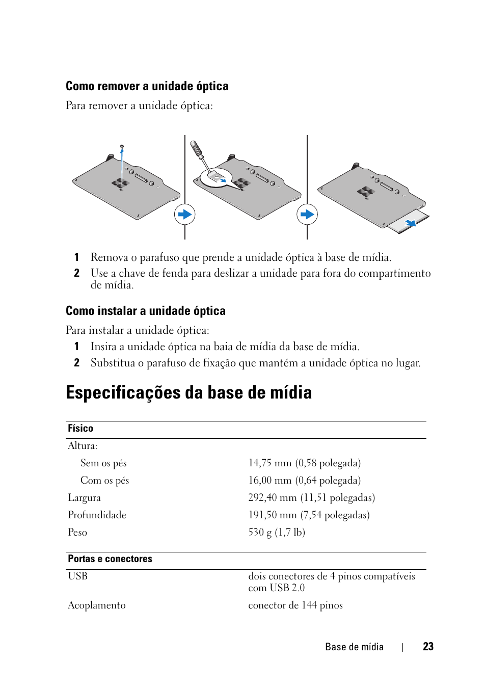 Especificações da base de mídia | Dell Latitude XT3 (Mid 2011) User Manual | Page 25 / 36