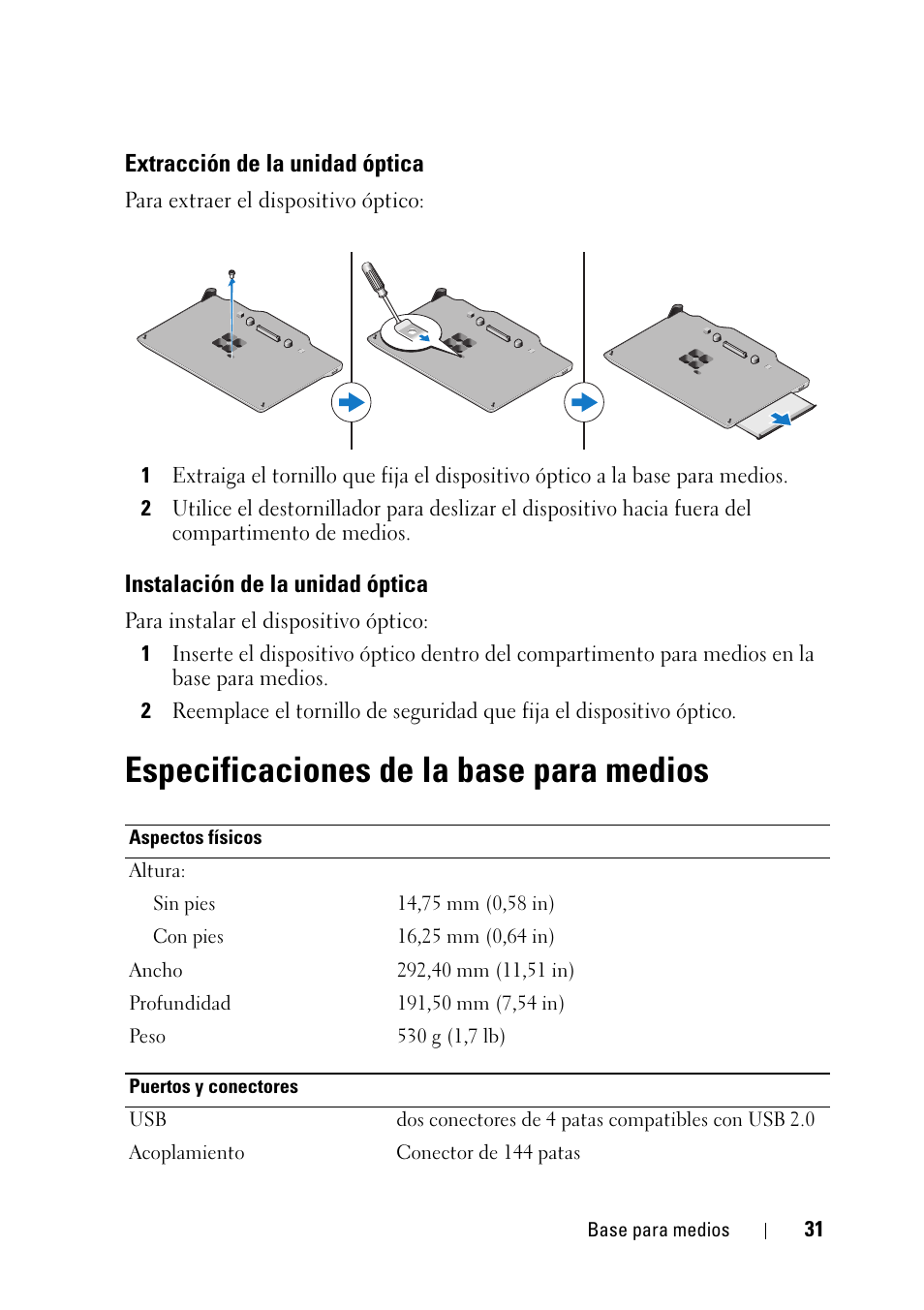 Especificaciones de la base para medios | Dell Latitude XT3 (Mid 2011) User Manual | Page 33 / 36