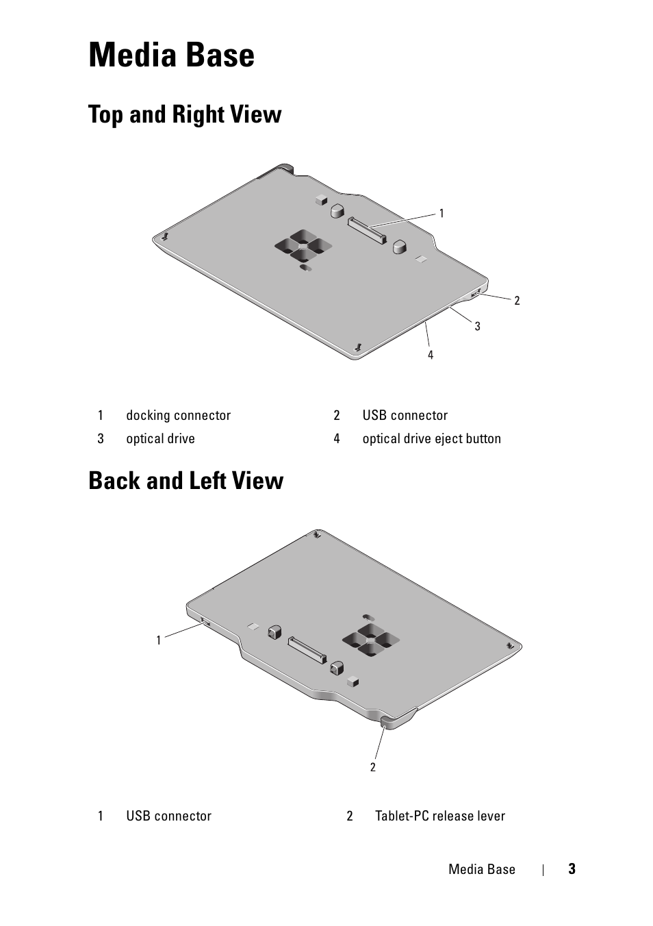 Media base, Top and right view back and left view | Dell Latitude XT3 (Mid 2011) User Manual | Page 5 / 36