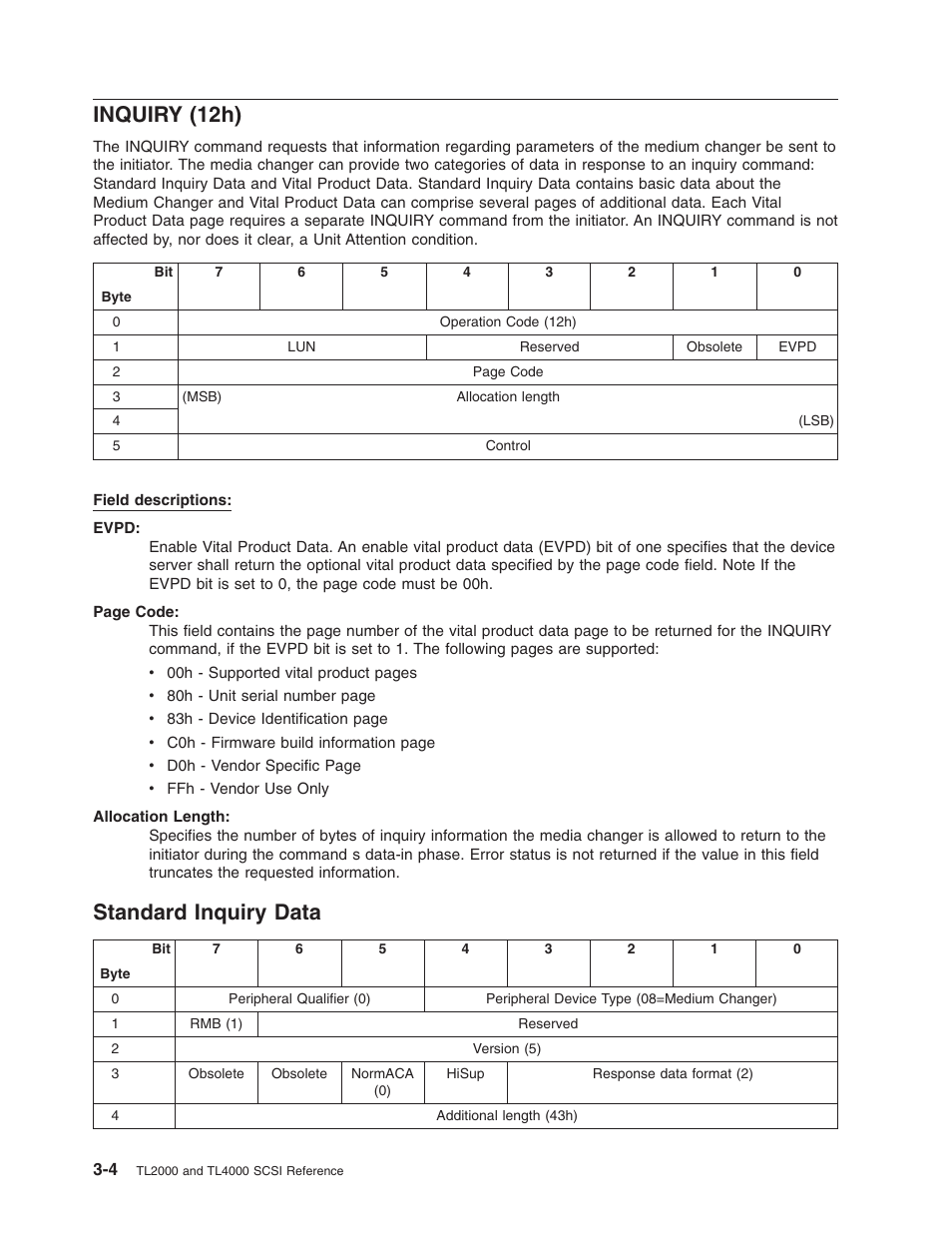 Inquiry (12h), Standard inquiry data, Inquiry | 12h), Standard, Data | Dell PowerVault TL2000 User Manual | Page 18 / 116