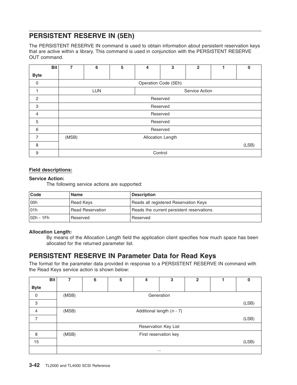 Persistent reserve in (5eh), Persistent reserve in parameter data for read keys, Persistent | Reserve, 5eh), Parameter, Data, Read, Keys | Dell PowerVault TL2000 User Manual | Page 56 / 116
