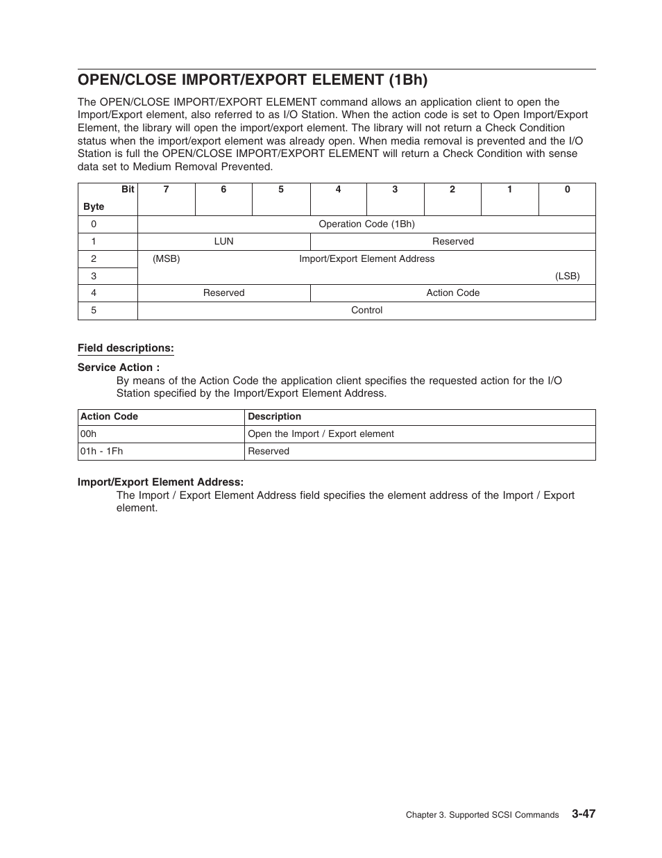 Open/close import/export element (1bh), Open/close, Import/export | Element, 1bh) | Dell PowerVault TL2000 User Manual | Page 61 / 116