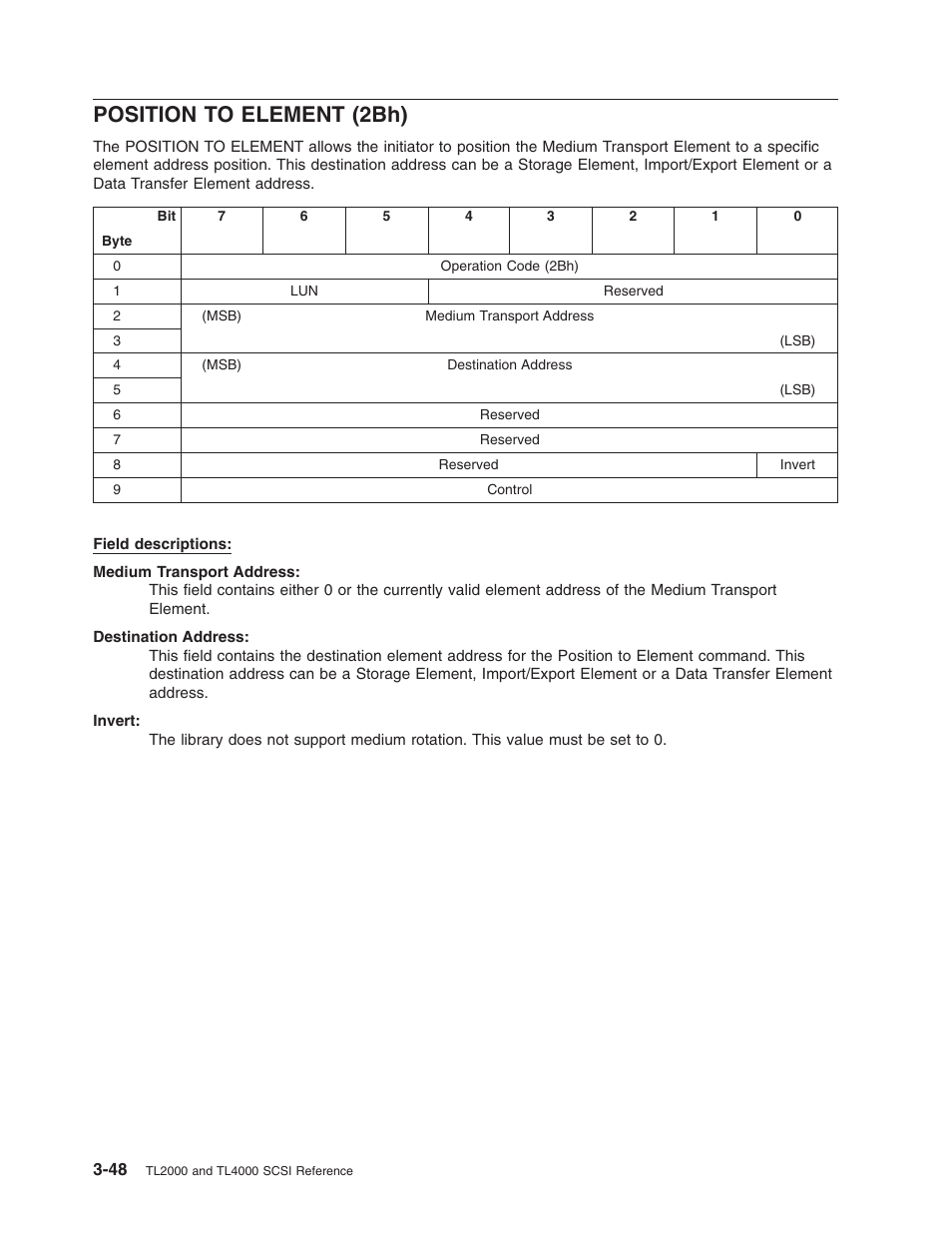 Position to element (2bh), Position, Element | 2bh) | Dell PowerVault TL2000 User Manual | Page 62 / 116