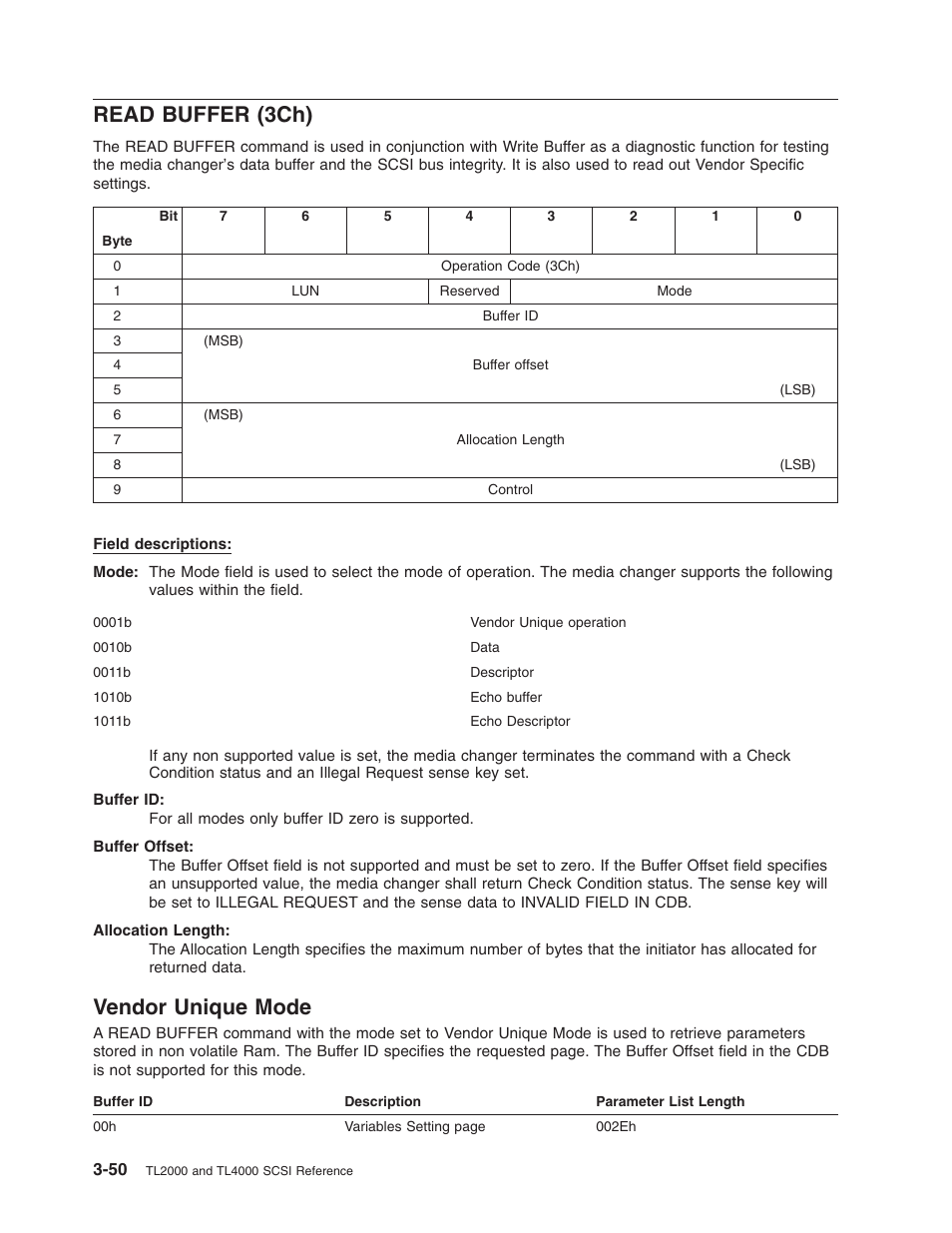 Read buffer (3ch), Vendor unique mode, Read | Buffer, 3ch), Vendor, Unique, Mode | Dell PowerVault TL2000 User Manual | Page 64 / 116