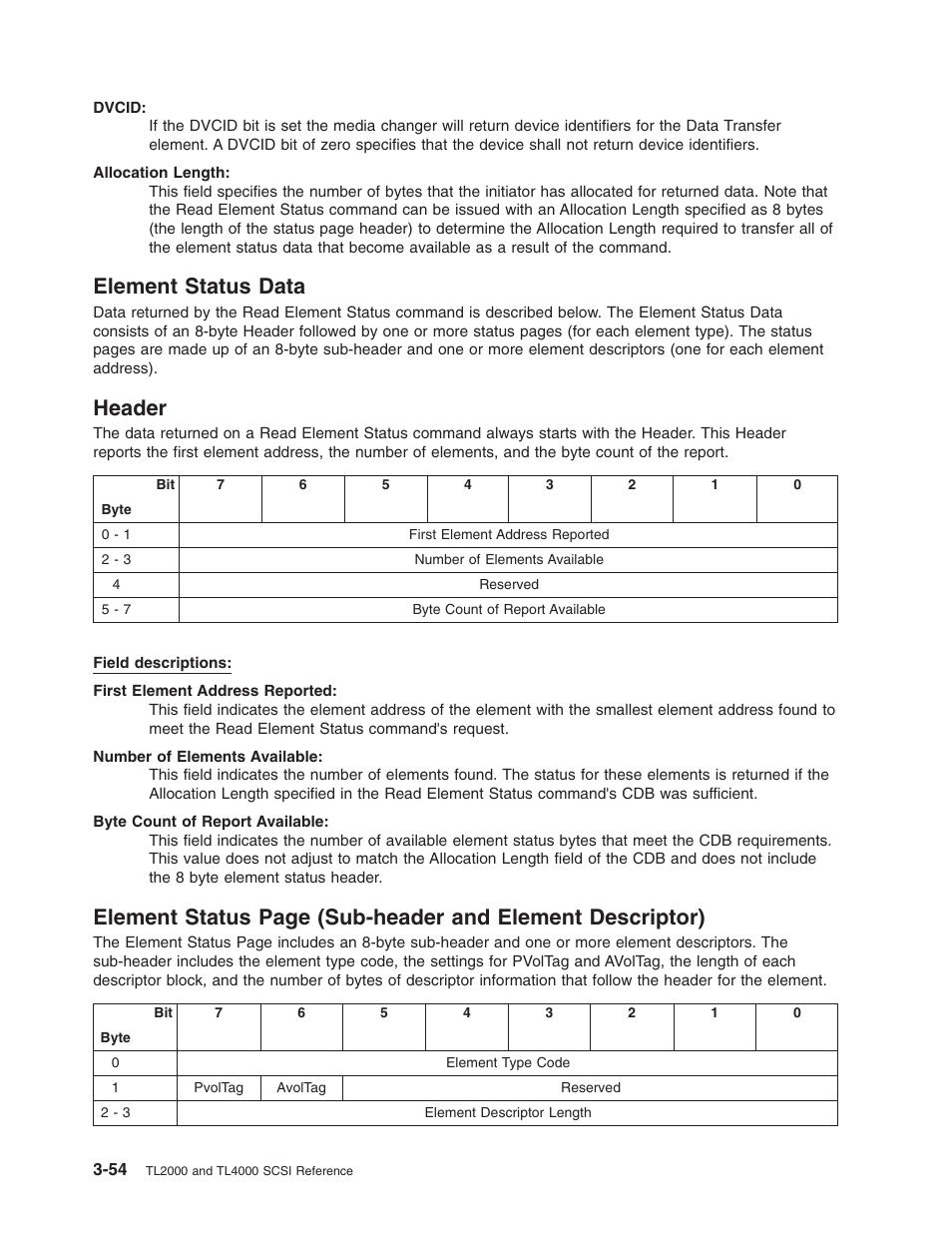 Element status data, Header, Element | Status, Data, Sub-header, Descriptor), Page | Dell PowerVault TL2000 User Manual | Page 68 / 116