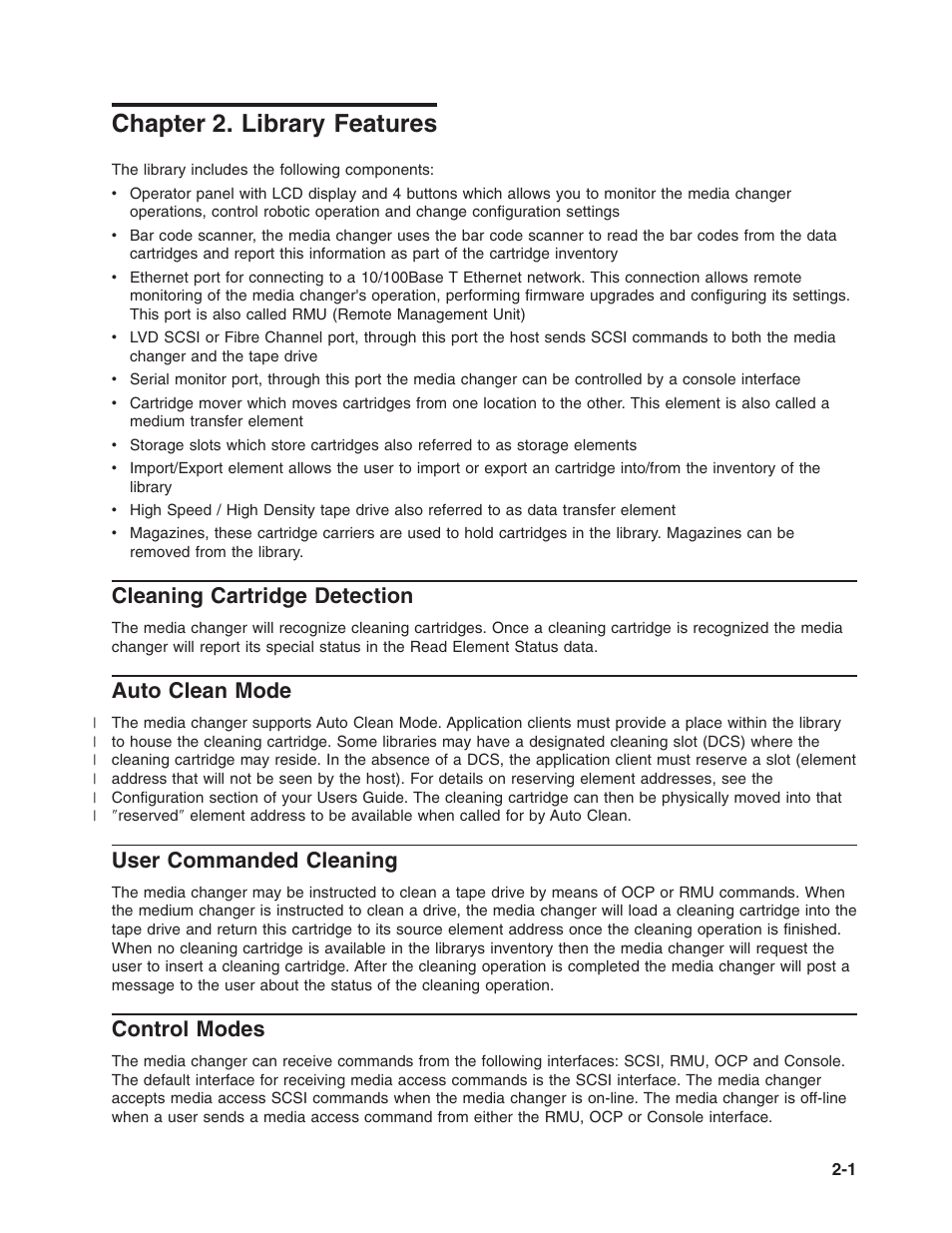 Chapter 2. library features, Cleaning cartridge detection, Auto clean mode | User commanded cleaning, Control modes, Chapter, Library, Features, Cleaning, Cartridge | Dell PowerVault TL2000 User Manual | Page 9 / 116