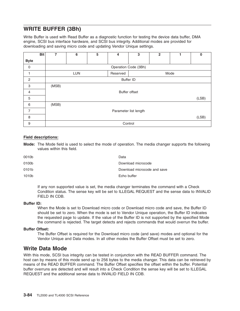 Write buffer (3bh), Write data mode, Write | Buffer, 3bh), Data, Mode | Dell PowerVault TL2000 User Manual | Page 98 / 116