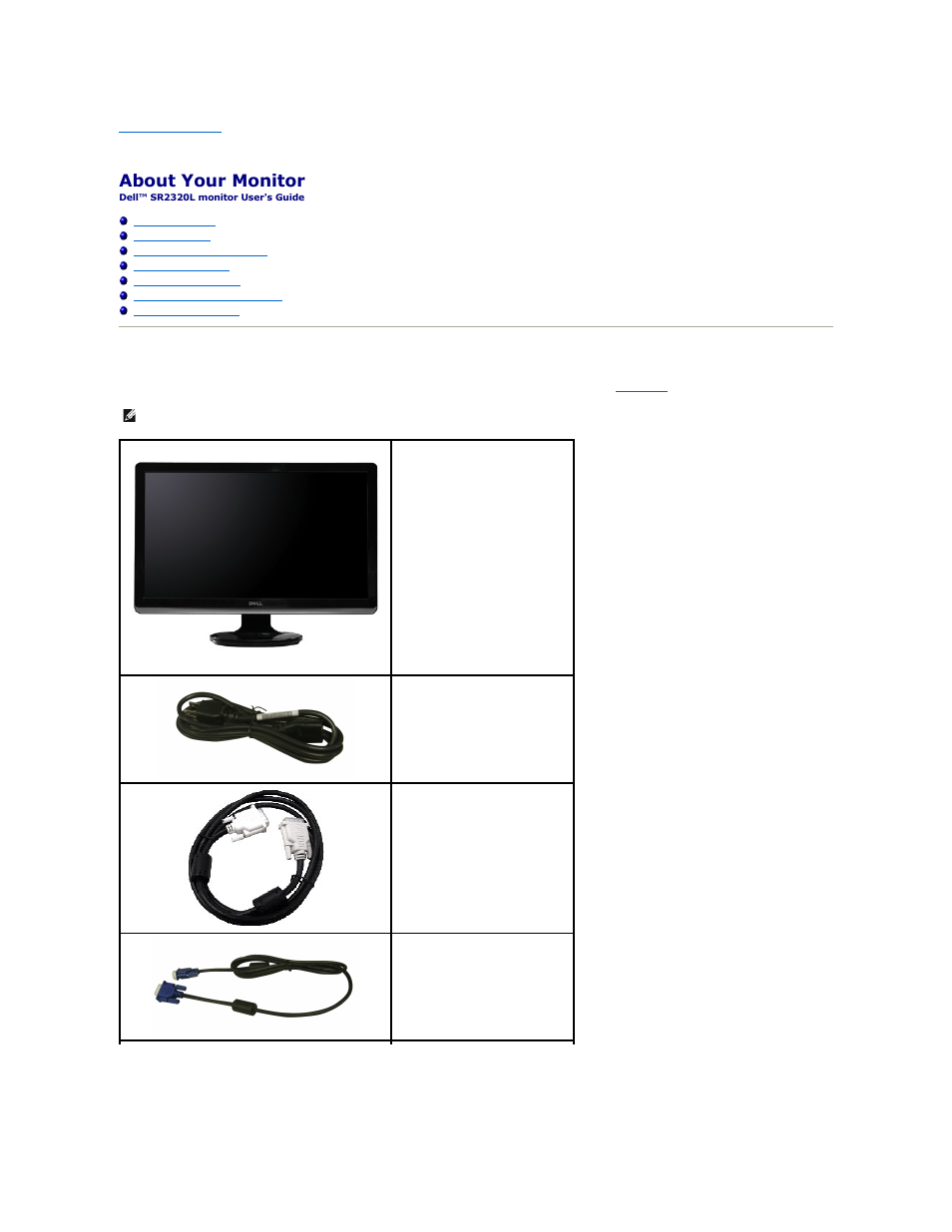 About your monitor, Package contents | Dell SR2320L Monitor User Manual | Page 2 / 33