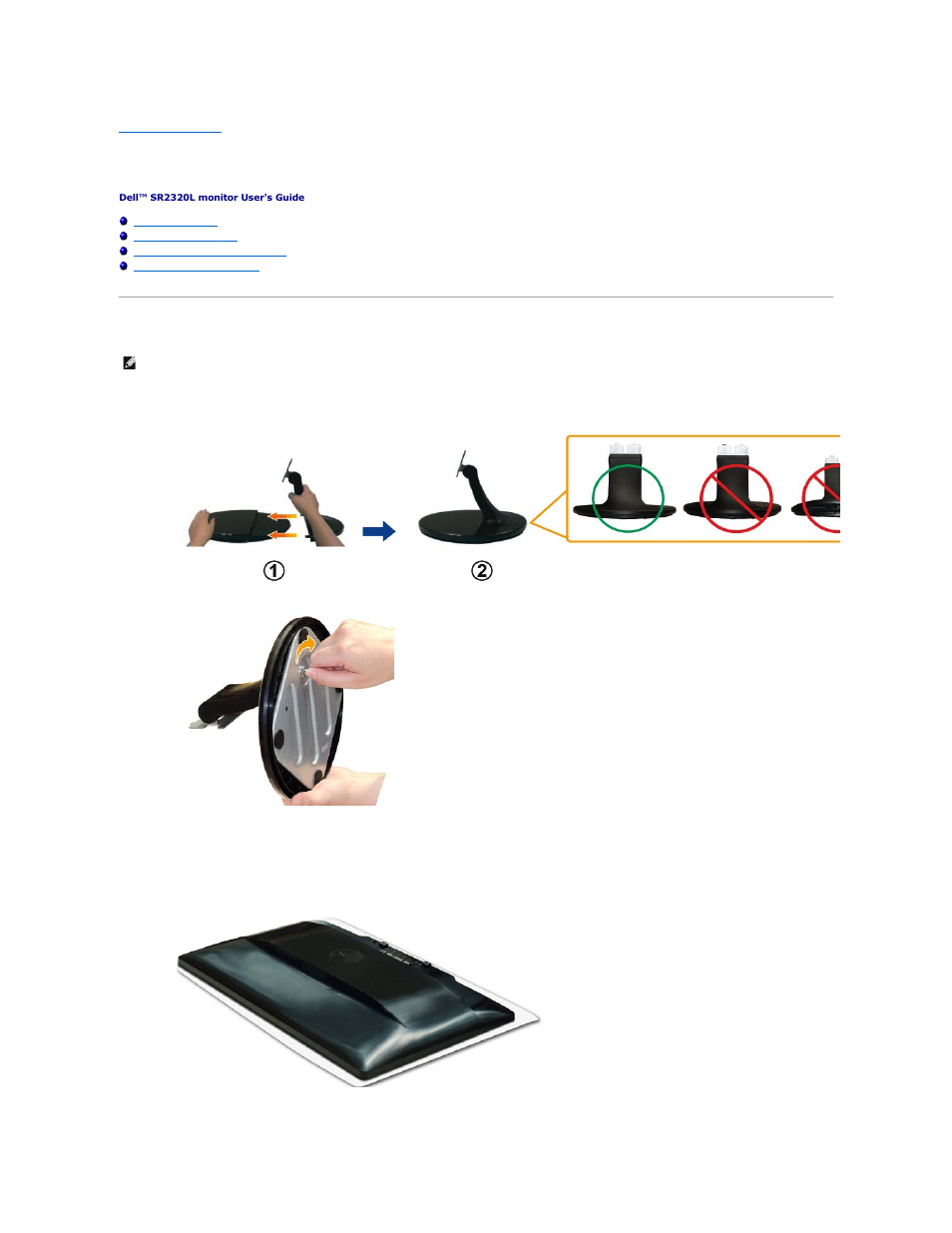 Setting up the monitor, Attaching the base | Dell SR2320L Monitor User Manual | Page 27 / 33