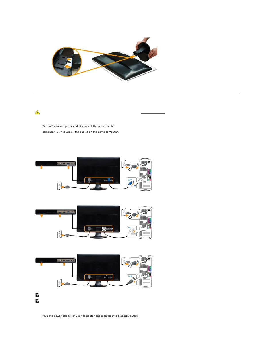 Connecting the monitor, Connecting the blue vga cable, Connecting the white dvi cable | Connecting the hdmi cable* (for selective models) | Dell SR2320L Monitor User Manual | Page 28 / 33