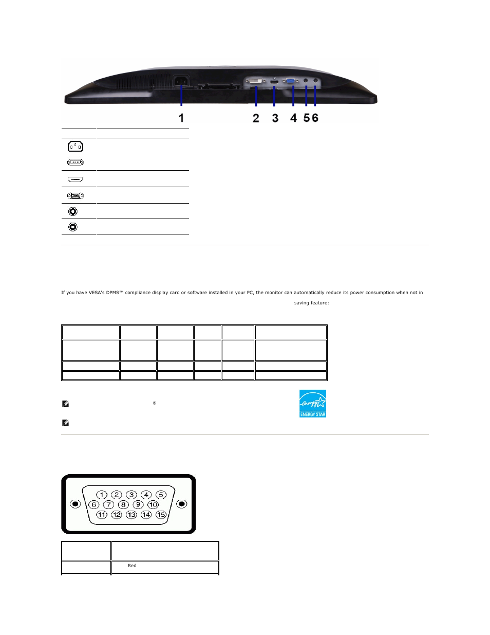 Monitor specifications, Power management modes, Pin assignments | Dell SR2320L Monitor User Manual | Page 5 / 33