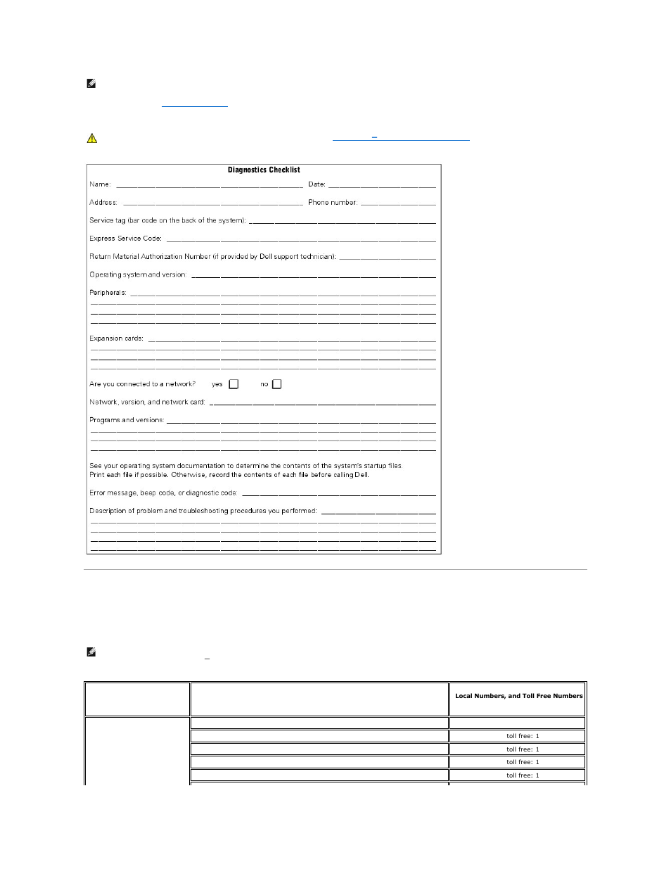 Dell contact numbers, Make a copy of the, Diagnostics checklist | For the telephone number to call, see | Dell PowerEdge 2550 User Manual | Page 8 / 83