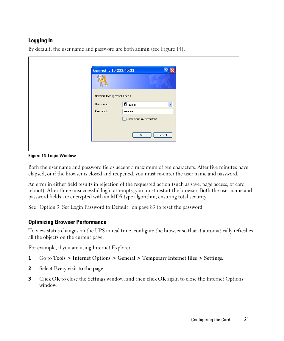 Logging in, Optimizing browser performance | Dell UPS 1000R User Manual | Page 21 / 88