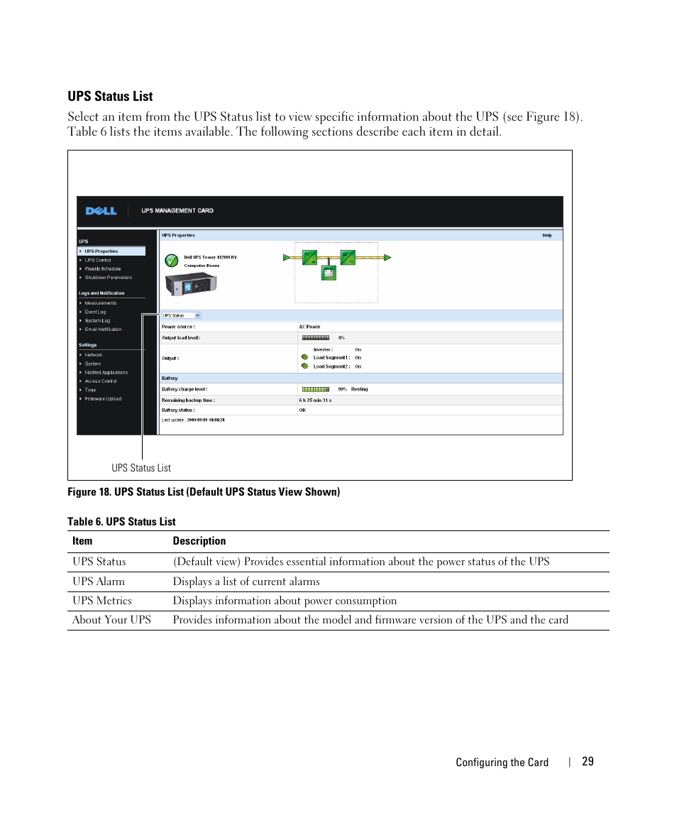 Ups status list | Dell UPS 1000R User Manual | Page 29 / 88