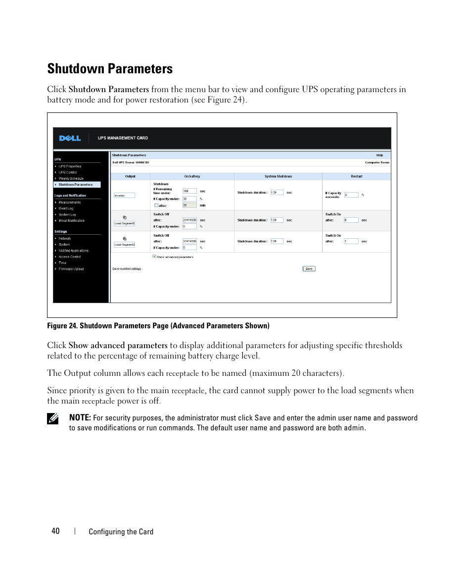 Shutdown parameters | Dell UPS 1000R User Manual | Page 40 / 88