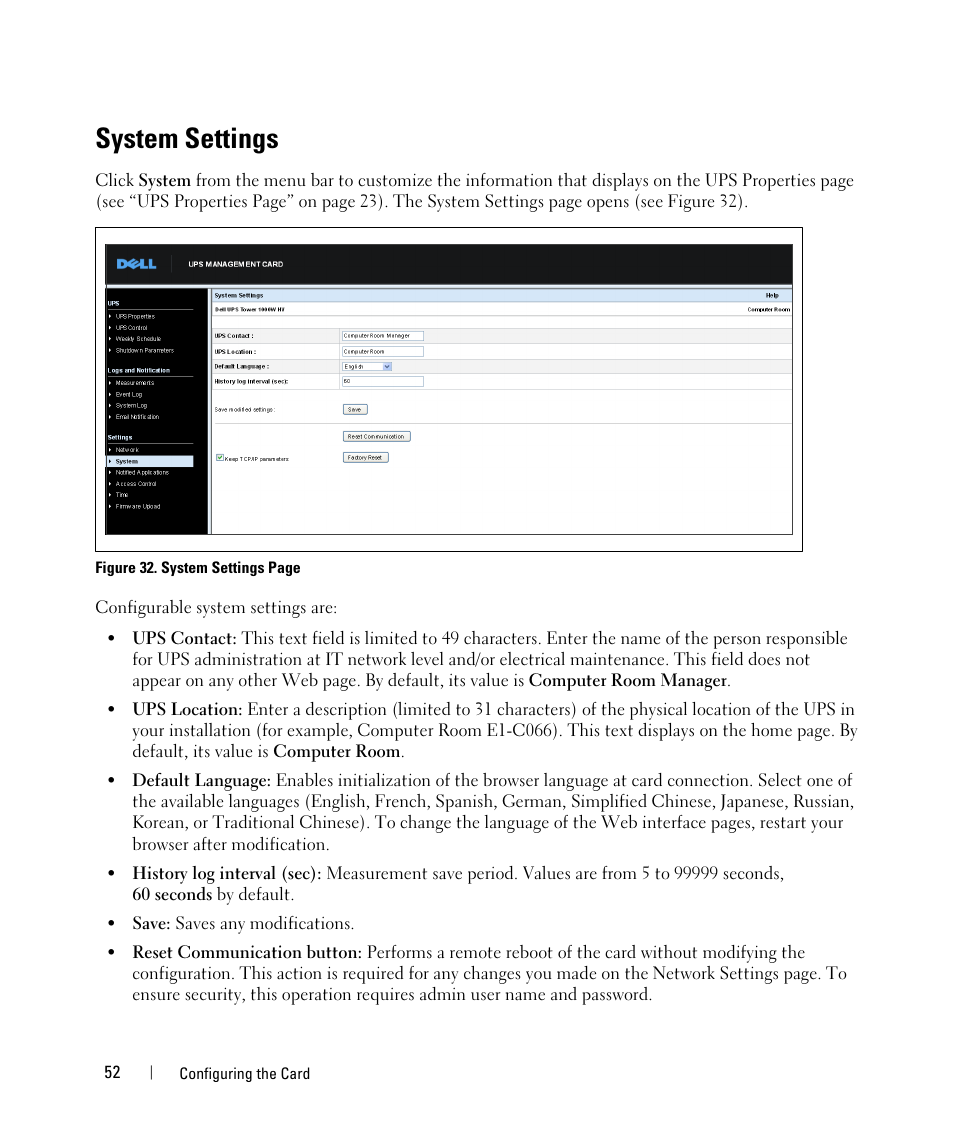 System settings | Dell UPS 1000R User Manual | Page 52 / 88