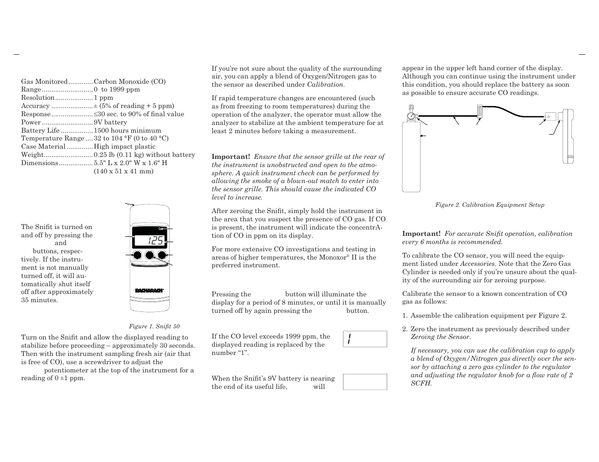 Calibration, Specifi cations, Operation | Checking for co, Backlight, Overrange, Low battery, Ppm co, Snifit, Turning the snifi t on & off | Bacharach 50 User Manual | Page 2 / 2